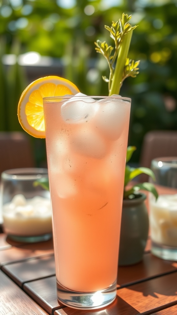 A clam juice cocktail in a glass with ice, lemon wedge, and celery stick garnish.